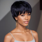 Black Human Hair Straight Pixie Cut Fringe Wig